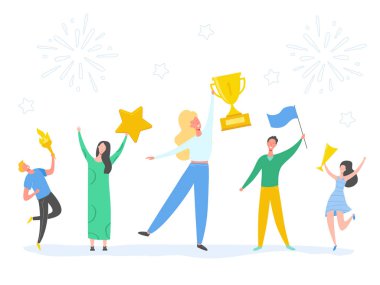 Erkek ve Kadın seti zaferi kutluyor, ödül, ödül elde. İnsanlar Başarı vektör kavramı illüstrasyon. İş lideri karakterler. İşadamı ve iş kadını kupayı kazandı