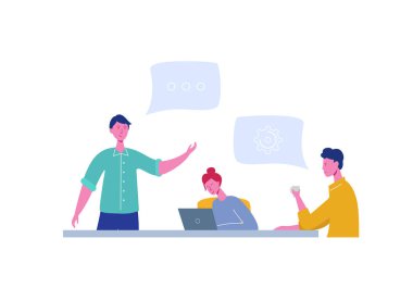 İş Toplantısı Ekip Çalışması Konsepti. Laptop ile İşadamı ve Kadın Karakterler. Meslektaşları Karakterler Beyin Fırtınası, Tartışma Fikir İletişim. Vektör düz karikatür illüstrasyon
