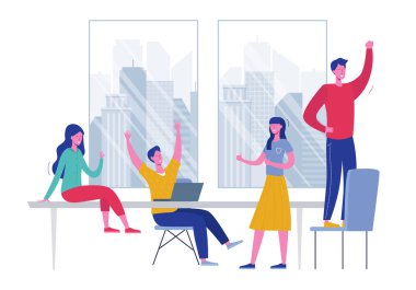 Takım Başarı vektör kavramı illüstrasyon. İş dünyasının lideri zaferi kutluyor. Erkek ve kadın başarı ödülü kazandı. İşadamı ve iş kadını ofiste mutlu. Zafer ödülü