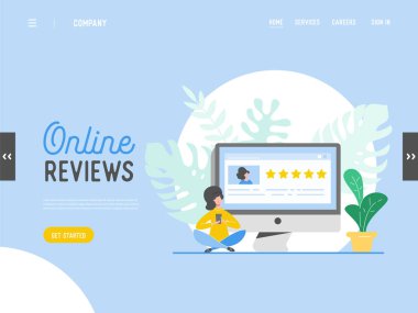 Açılış sayfası şablonu inceleme kavramı illüstrasyon. Kadın karakter altın yıldız ile iyi geribildirim yazma. Web sitesi veya web sayfası için müşteri oranı hizmetleri. Beş yıldız olumlu görüş. Vektör