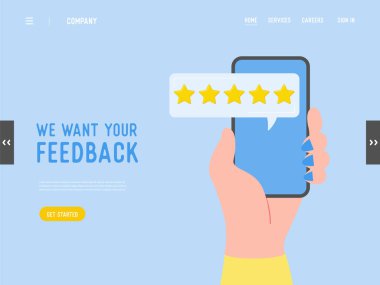 Açılış sayfası şablonu inceleme kavramı illüstrasyon. Iyi geribildirim ve altın yıldız ile Web sitesi. Web sayfası için müşteri oranı hizmetleri. Beş yıldız olumlu görüş. Vektör