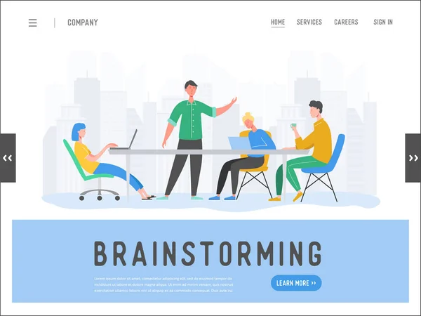 Business Meeting Teamwork Konzept Landing Page Vorlage. Geschäftsleute und Frauenfiguren, Kollegen, die Brainstorming, Diskussionsidee für Website oder Webseite kommunizieren. Vektorillustration — Stockvektor