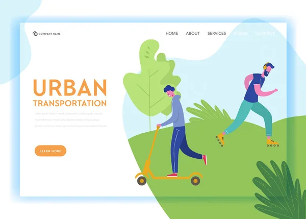 Healthy Lifestyle Sport People Landing Page Template. Sports and Recreation Concept with Man Character Riding scooter, skateboarding in Park for Website or Web Page. Vector illustration — Stock Vector