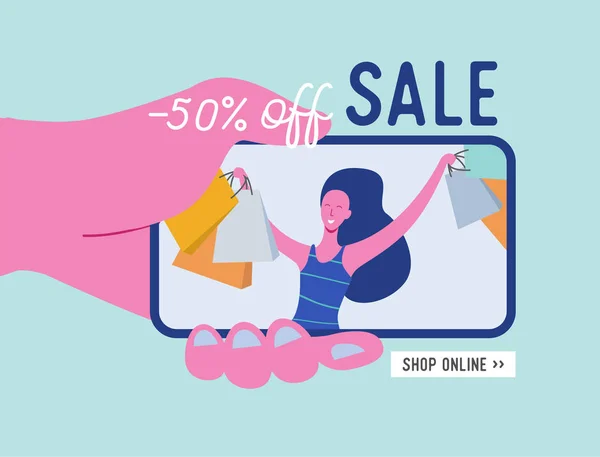 Online-Shopping-Banner, Konzept Verkauf mobile App Vorlage mit Frau Charakter, Sonderangebotsplakat, Black Friday Konzept Vektor Illustration flaches Design — Stockvektor