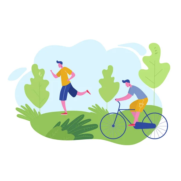 Spor aktiviteleri yapan bir grup insan, parkta koşu, bisiklete binme. Karakterler adam açık egzersiz yapıyor. Düz karikatür vektör illüstrasyon — Stok Vektör