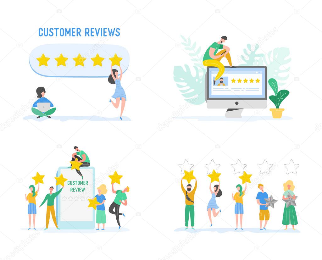 Review concept illustration. Woman character writing good feedback with gold stars. Customer rate services and user experience using laptop. Five stars positive opinion. Vector cartoon