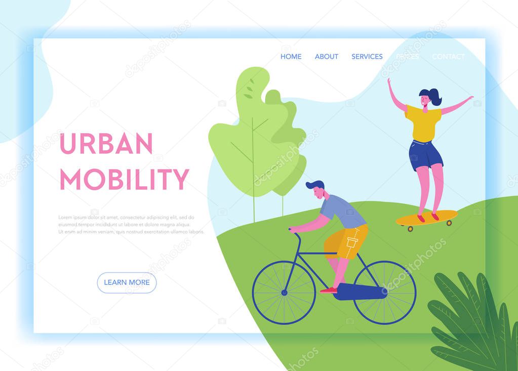 Healthy Lifestyle Sport People Landing Page Template. Sports and Recreation Concept with Man and Woman Character Riding bike, skateboarding in Park for Website or Web Page. Vector illustration