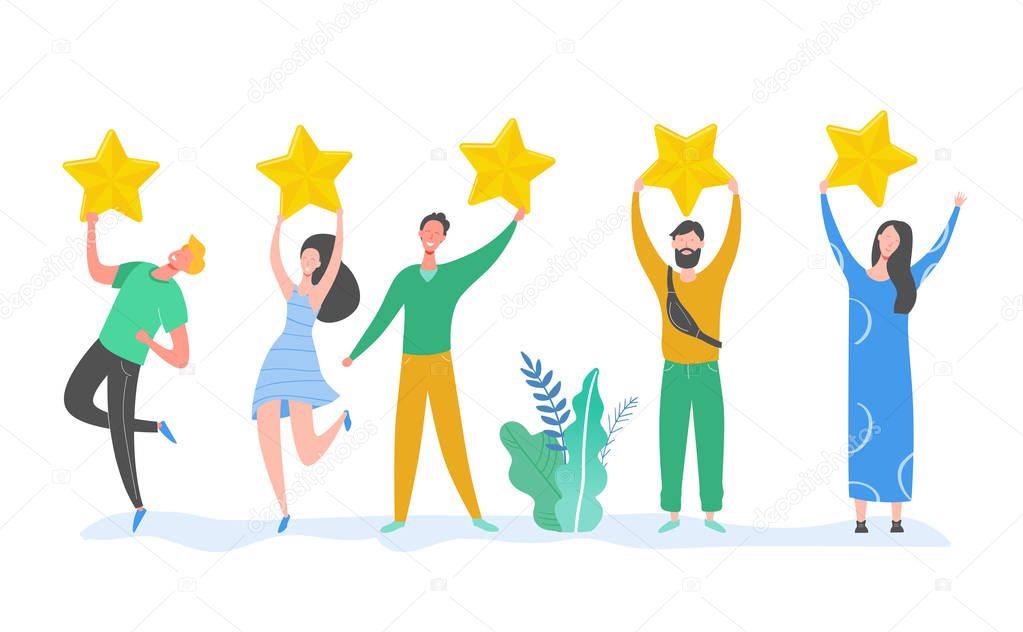 People characters holding gold stars. Men and women rate services and user experience. Juries rating in the competition. Five stars positive review or good feedback. Vector cartoon illustration