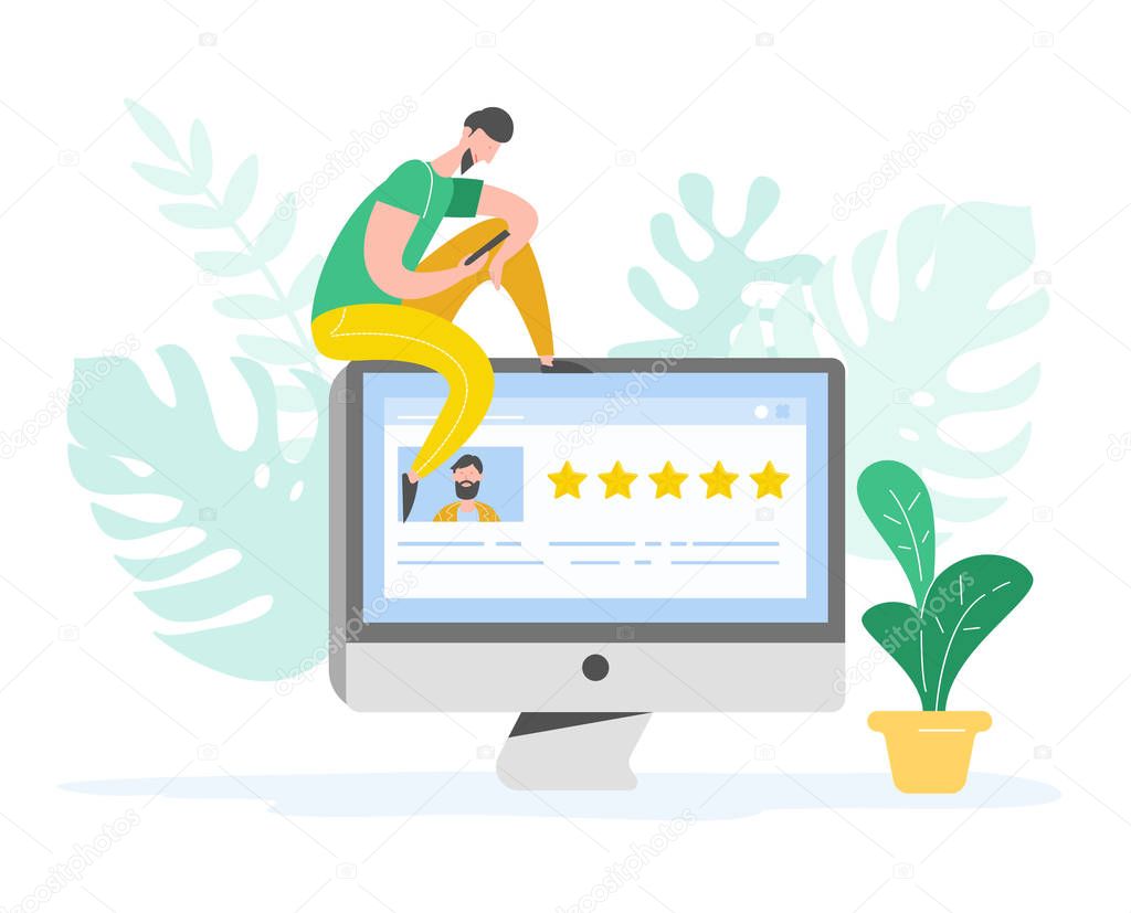 Review concept illustration. Man character writing good feedback with gold stars. Customer rate services and user experience using laptop. Five stars positive opinion. Vector cartoon