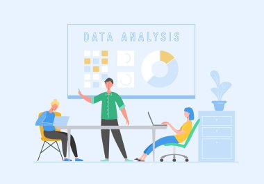 Karakterlerle veri analizi kavramı. İş Toplantısı Ekip Çalışması Konsepti. Laptoplu Kadın ve Erkek. Meslektaşları İletişim Beyin Fırtınası, Tartışma Fikir. Vektör düz karikatür illüstrasyon