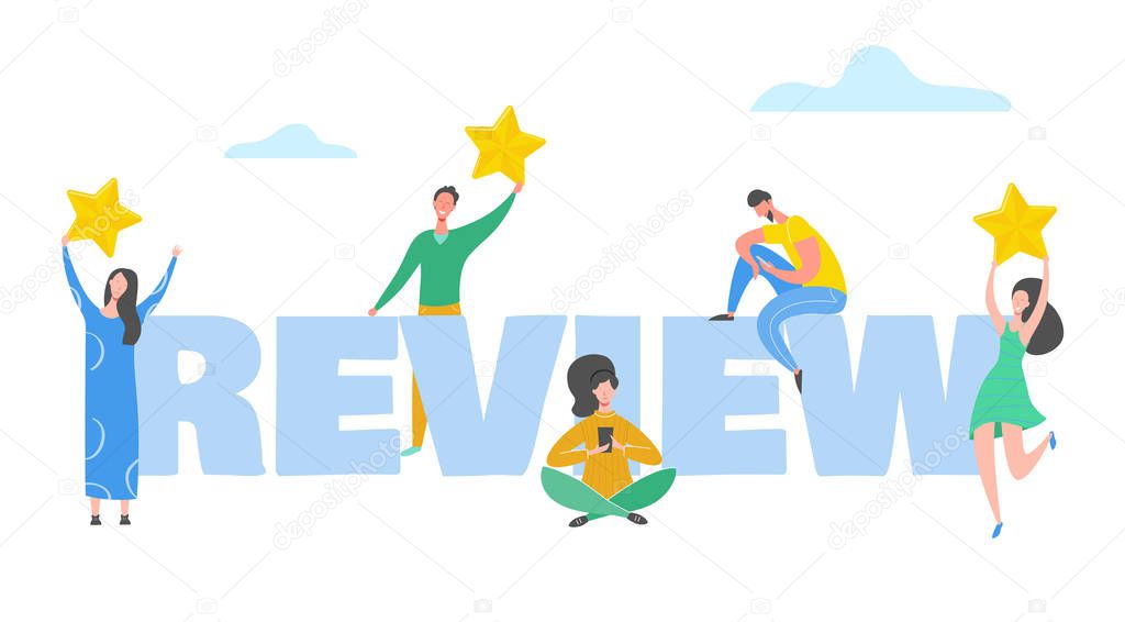 Review concept illustration. People characters holding gold stars. Men and women rate services and user experience. Five stars positive opinion, good feedback. Vector cartoon