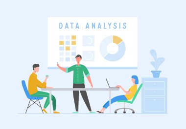 Karakterlerle veri analizi kavramı. İş Toplantısı Ekip Çalışması Konsepti. Laptoplu Kadın ve Erkek. Meslektaşları İletişim Beyin Fırtınası, Tartışma Fikir. Vektör düz karikatür illüstrasyon