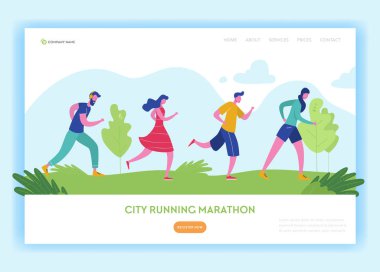 Sağlıklı yaşam açılış sayfası şablonu. Park, maratonunu Web sayfası ve mobil Web için çalışan insanların karakter. Kolay düzenleme için. Vektör çizim