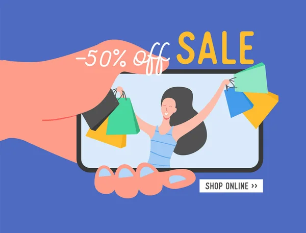 Online-Shopping-Banner, Konzept Verkauf mobile App Vorlage mit Frau Charakter, Sonderangebotsplakat, Black Friday Konzept Vektor Illustration flaches Design — Stockvektor