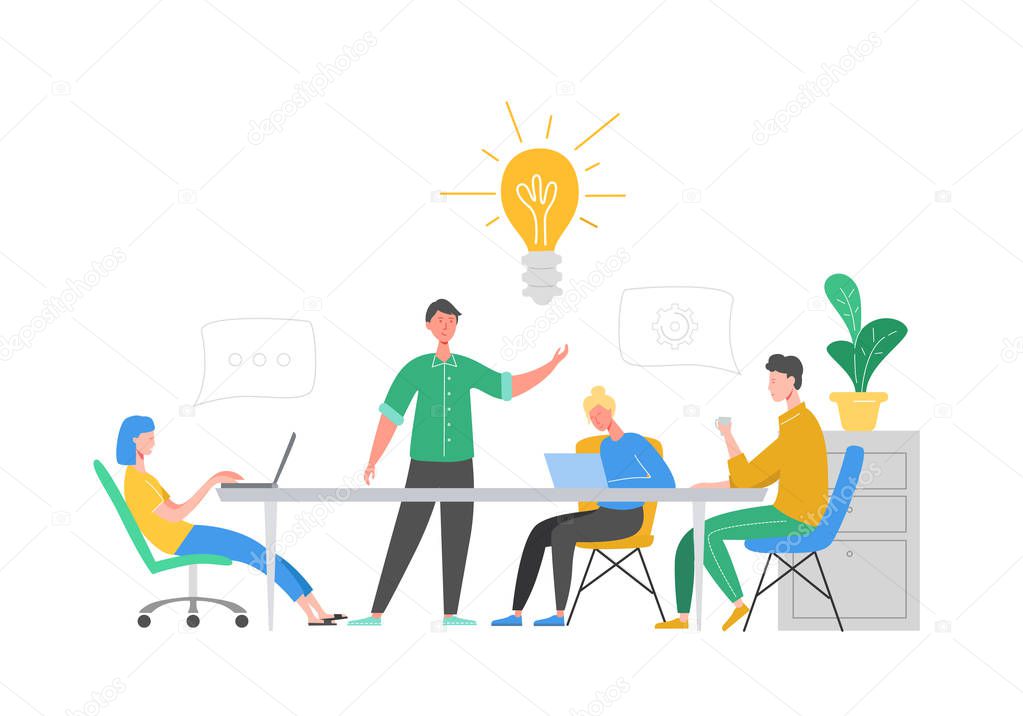 Business Meeting Teamwork Concept. Businessman and Woman Characters with Laptop. Colleagues Characters Communicating Brainstorming, Discussion Idea. Vector flat cartoon illustration