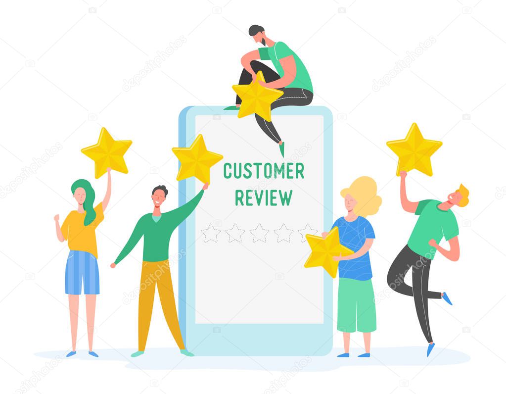 Review concept illustration. People characters holding gold stars. Men and women rate services and user experience. Five stars positive opinion, good feedback. Vector cartoon