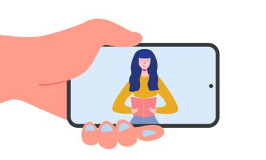 Akıllı telefon ve kitap, insan karakter okuma veya öğrenci eğitimi, e-kitap okuyucu, modern edebiyat fan kavramı ile Elektronik online kütüphane posteri. Düz karikatür vektör illüstrasyon