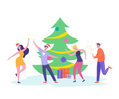 İnsanlar karakter dans, Mutlu Noeller ve Happy New Year gece kutluyor. Xmas Parti Kartı veya Davetiye Afişi. Vektör çizimi