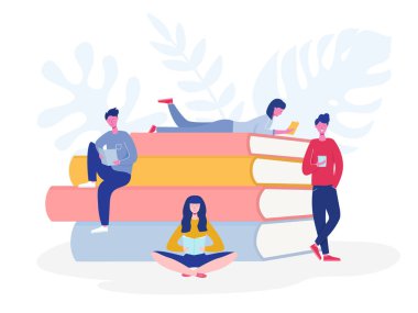 Okuyan veya sınava hazırlanan kişilerin veya öğrencilerin toplanması. Kitap severler, okuyucular, modern edebiyat hayranları kavramı ayarlayın. Düz karikatür vektör illüstrasyon