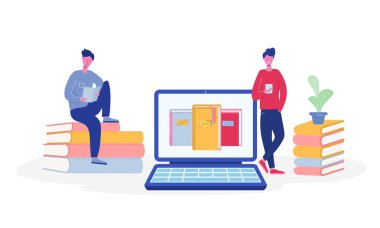 Dizüstü bilgisayar ve kitaplar, okuyan insanlar karakterler veya okuyan öğrenciler, e-kitap okuyucuları, modern edebiyat hayranları kavramı ile Elektronik online kütüphane posteri. Düz karikatür vektör illüstrasyon