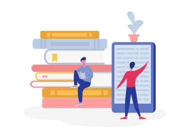 Bilgisayar ve kitap, insan karakter okuma veya öğrenci eğitimi, e-kitap okuyucu, modern edebiyat fan kavramı ile Elektronik online kütüphane posteri. Düz karikatür vektör illüstrasyon