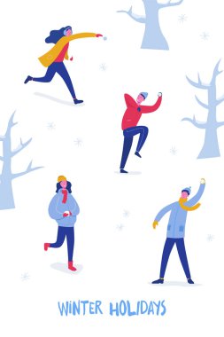 Kartopu Oynayan Mutlu İnsanlar Karakterleri ile Kış Kartı veya Poster. Erkek ve Kızlar Atma Kartopu, Noel tatili tasarım illüstrasyon. Vektör şablonu