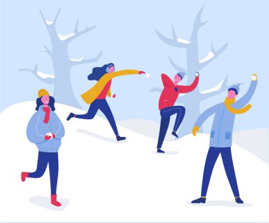Kartopu Oynayan Kış Karakterleri. Joyfull İnsanlar Karda Eğleniyor. Erkek ve Kız Atma Kartopu, Noel tatili açık hava etkinlikleri. Vektör çizimi