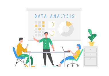 Karakterlerle veri analizi kavramı. İş Toplantısı Ekip Çalışması Konsepti. Laptoplu Kadın ve Erkek. İş Arkadaşları İletişim