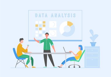 Karakterlerle veri analizi kavramı. İş Toplantısı Ekip Çalışması Konsepti. Laptoplu Kadın ve Erkek. İş Arkadaşları İletişim