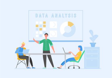 Karakterlerle veri analizi kavramı. İş Toplantısı Ekip Çalışması Konsepti. Laptoplu Kadın ve Erkek. İş Arkadaşları İletişim