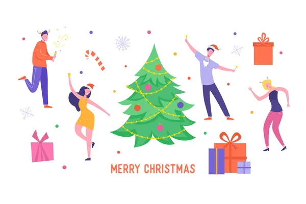 Tarjeta de fiesta de Navidad o cartel de invitación. Personas personajes bailando, celebrando Feliz Navidad y Feliz Año Nuevo noche. Ilustración vectorial — Archivo Imágenes Vectoriales
