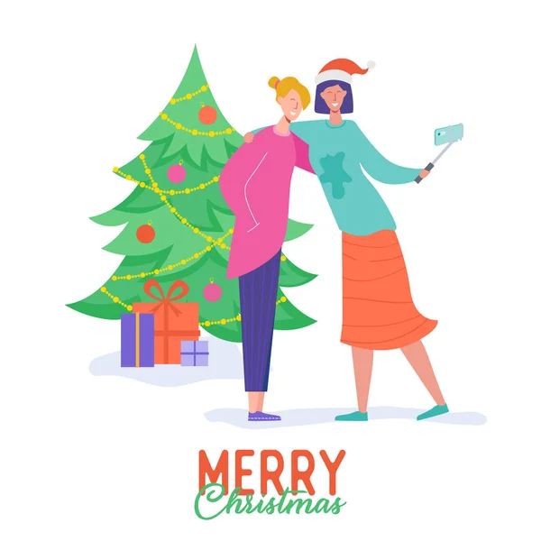 Xmas Parti Kartı veya Davetiye Afişi. Noel Ağacı'nın altında selfie için poz veren, Mutlu Noeller ve Mutlu Yılbaşı gecesini kutlayan insanlar, Kış Sezonu Tatili. Vektör çizimi — Stok Vektör