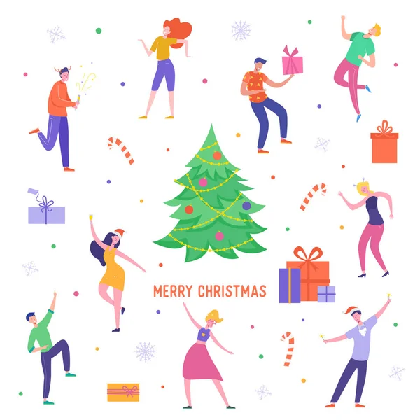 Tarjeta de fiesta de Navidad o cartel de invitación. Personas personajes bailando, celebrando Feliz Navidad y Feliz Año Nuevo noche. Ilustración vectorial — Vector de stock