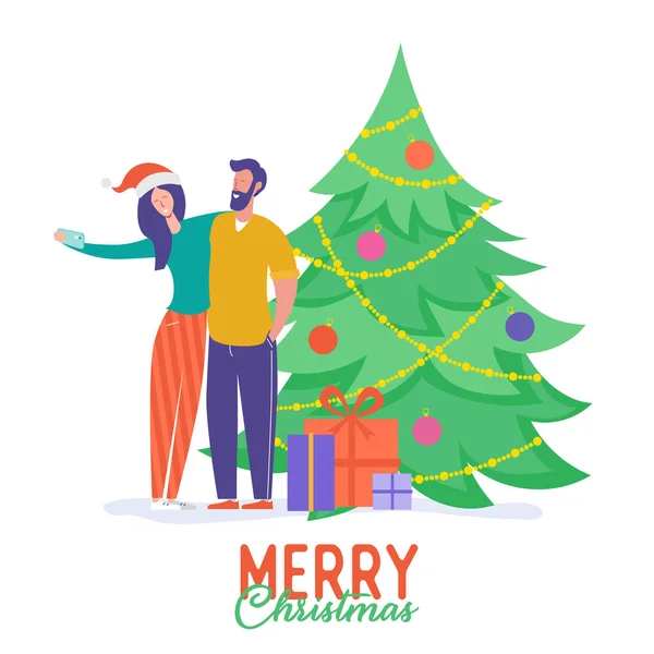 Tarjeta de fiesta de Navidad o cartel de invitación. Personas personajes posando para selfie bajo el árbol de Navidad, celebrando Feliz Navidad y Feliz Año Nuevo noche, Vacaciones de temporada de invierno. Ilustración vectorial — Archivo Imágenes Vectoriales