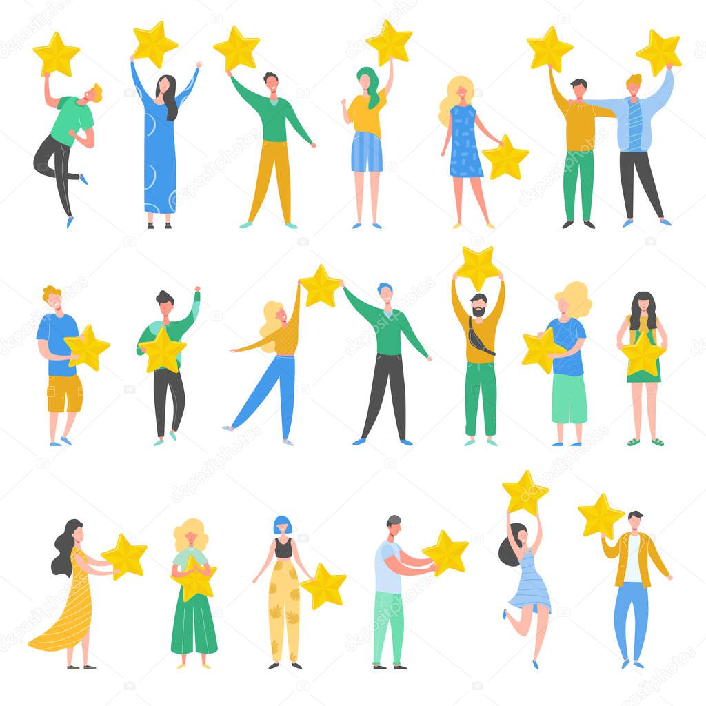 Set of people characters holding gold stars. Men and women rate services and user experience. Juries rating in the competition