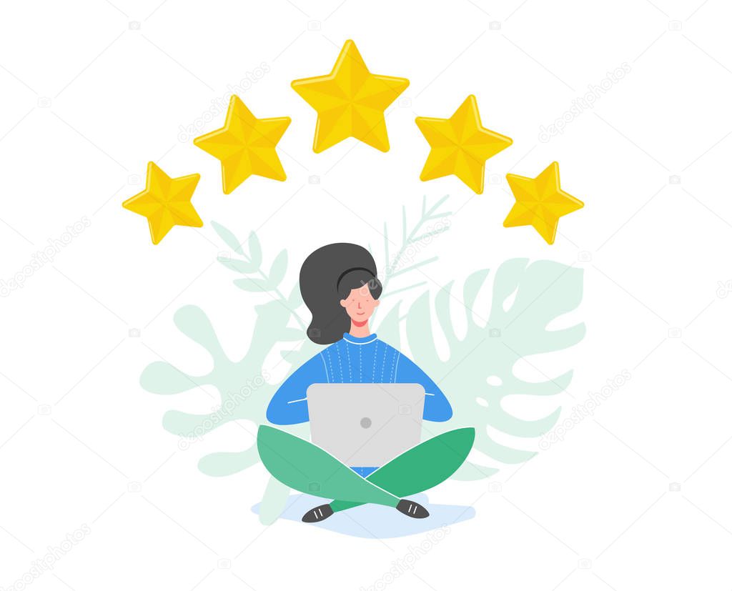 Review concept illustration. People characters holding gold stars. Women rate services and user experience using laptop