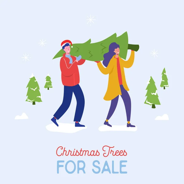 Verkoop banner van mensen dragen, het kopen van kerstbomen en het vieren van de winter vakantie. Mannen, vrouwen personages, familie doen winkelen voor Nieuwjaar viering ontwerpsjabloon poster. Vector illustratie — Stockvector