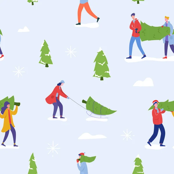 İnsanlar Noel ağaçları satın alma ve kış tatilleri kutluyor ile Dikişsiz Noel Desen. Erkekler, kadın karakterler, duvar kağıdı için aile Yeni Yıl kutlama Arka plan, tasarım. Vektör çizimi — Stok Vektör