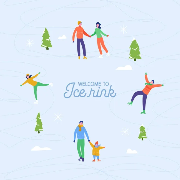 С Рождеством Христовым, с Новым годом, зимние праздничные открытки. Люди на катке катаются на коньках. Взволнованная семья снаружи. Векторная миграция — стоковый вектор