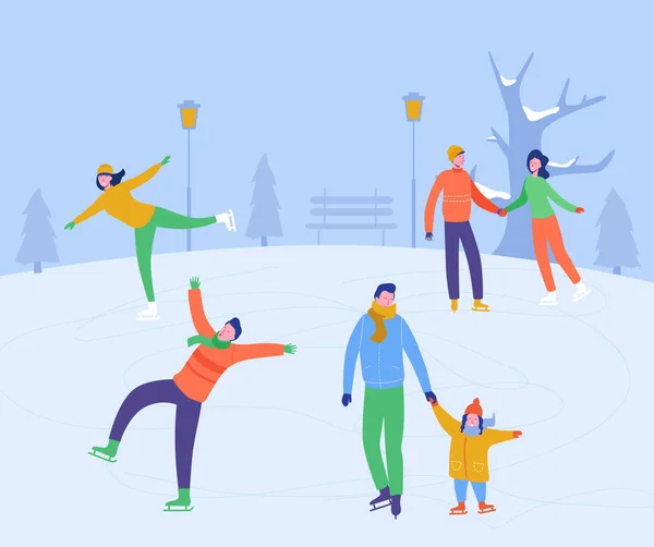 Joyeux Noël, Bonne année carte de voeux de vacances d'hiver. Des personnages de patinage sur la patinoire. Famille excitée dehors. Illustration vectorielle — Image vectorielle