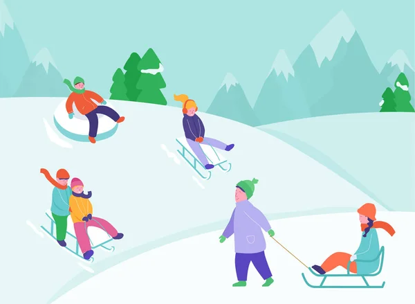 Niños montando en trineo diapositiva. Paisaje de nieve, actividades divertidas nevadas de invierno. Velocidad de trineo a caballo o vacaciones de los niños paseo en trineo juego actividad vector ilustración — Vector de stock