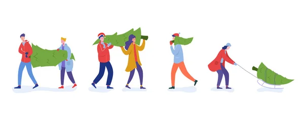 人々のバンドルは、クリスマスツリーを購入し、冬の休日を祝う。男性、女性の文字、家族は新年のお祝いのために買い物をします。フラット漫画ベクトルイラスト — ストックベクタ