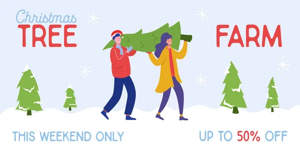 Verkoop banner van mensen dragen, het kopen van kerstbomen en het vieren van de winter vakantie. Mannen, vrouwen personages, familie doen winkelen voor Nieuwjaar viering ontwerpsjabloon poster. Vector illustratie — Stockvector