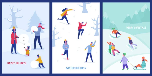 Uppsättning av Xmas Party Card eller inbjudan affisch. Människor tecken på slädar, vilket gör snögubbe, spelar i snö, firar god jul och gott nytt år natt. Vektor illustration — Stock vektor