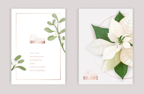 Winter Kerst bloemen wenskaart. Floral Poinsettia retro achtergrond, ontwerpsjabloon voor vakantie seizoen viering met Rose goud glitter Nieuwjaar brochure in vector — Stockvector