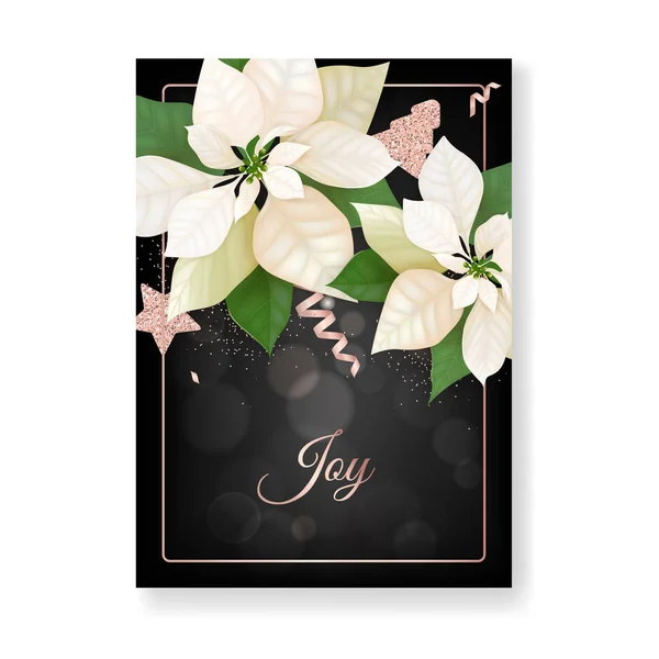 Invierno Navidad Flores Tarjeta de felicitación. Fondo retro Floral Poinsettia, Plantilla de diseño para la celebración de la temporada navideña con Rose Gold Glitter Star, folleto de Año Nuevo en vector — Vector de stock