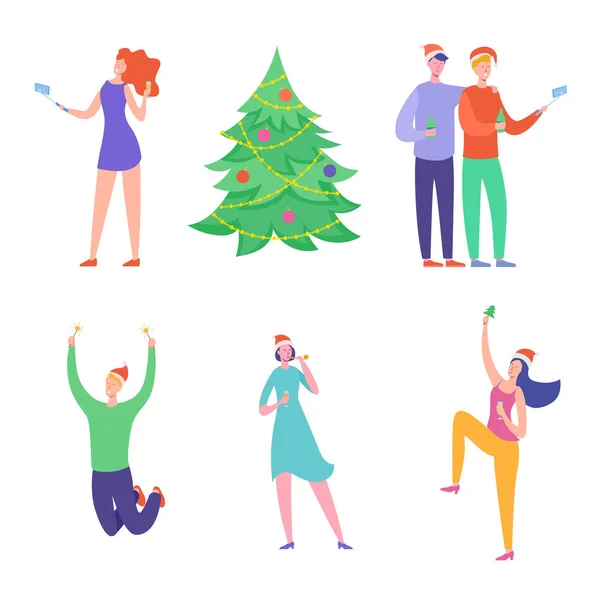 Biglietto per la festa di Natale o poster di invito. Personaggi della gente che ballano, donne e uomini che celebrano Buon Natale e Felice Anno Nuovo. Illustrazione vettoriale — Vettoriale Stock