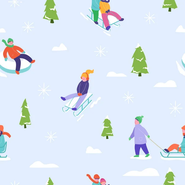 Ilustración temporada invierno Fondo con gente carácter familia trineo patinaje. Patrón sin costura de Navidad y Año Nuevo para el diseño, papel de embalaje, invitación, tarjeta de felicitación, póster. Vector — Archivo Imágenes Vectoriales