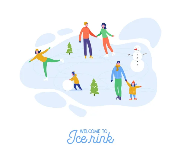 Buon Natale, felice anno nuovo biglietto di auguri per le vacanze invernali. Persone personaggi pattinaggio su ghiaccio sulla pista di pattinaggio. Una famiglia eccitata fuori. Illustrazione vettoriale — Vettoriale Stock