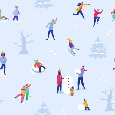 Kış sezonu illüstrasyon İnsanlar kayak, buz pateni, kızak ile Arka plan. Tasarım, ambalaj kağıdı, davetiye, tebrik kartı, poster için Noel ve Yeni Yıl Tatili sorunsuz desen. Vektör.